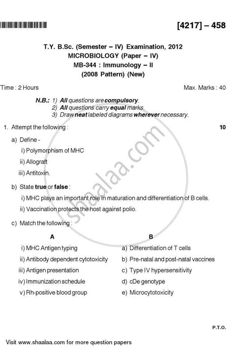 Immunology 2 2012-2013 B.Sc Microbiology Semester 6 (TYBSc) question ...