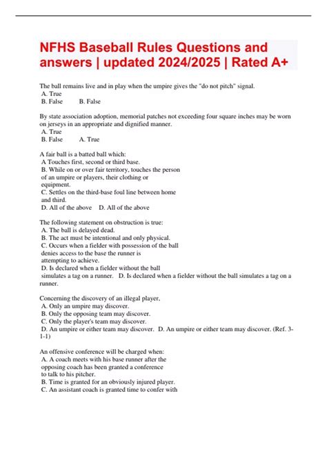 NFHS Baseball Rules Questions and answers | updated 2024/2025 | Rated ...