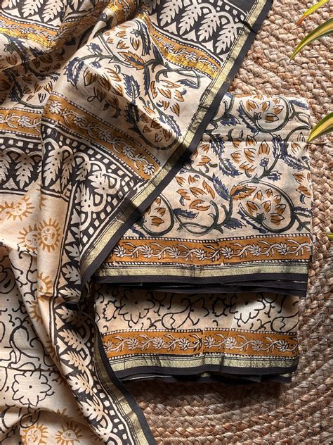 Sharvari Cream & Mustard Kalamkari Printed Chanderi Silk Suit Set | La ...