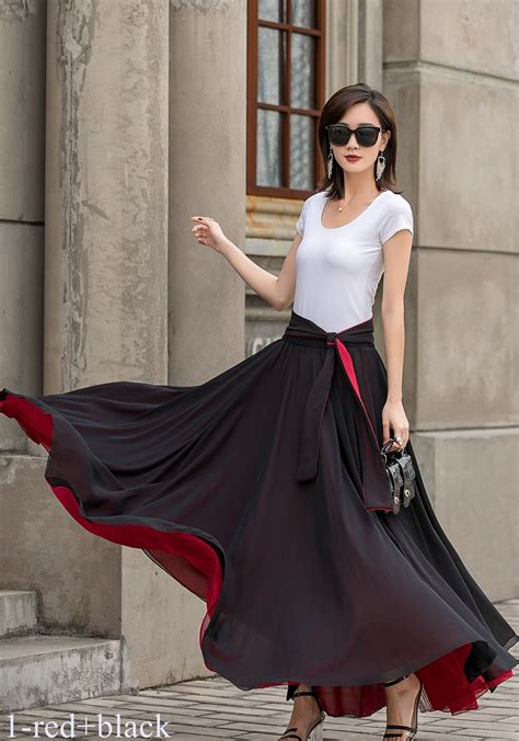 Black Long Chiffon Maxi Skirt Women, Swing Full Circle Skirt, Boho Maxi ...