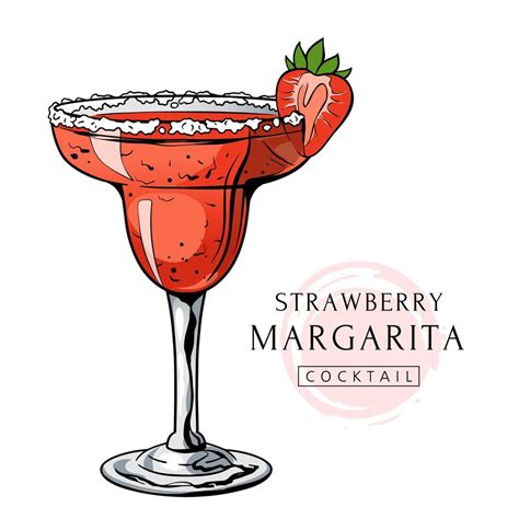 Strawberry Margarita cocktail, hand drawn alcohol drink with berry and ...
