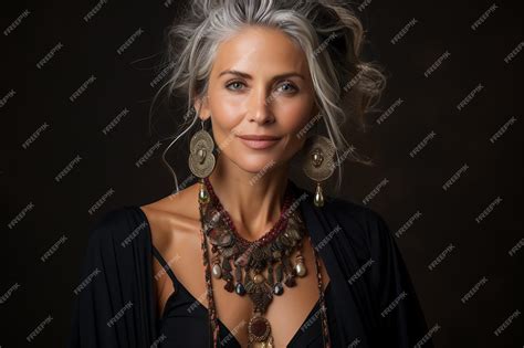 55 year old woman showing her charm with silver hair hazel eyes and an ...