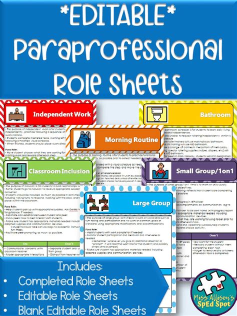 EDITABLE Paraprofessional Role Sheets Bright Rainbow Theme - Made By ...