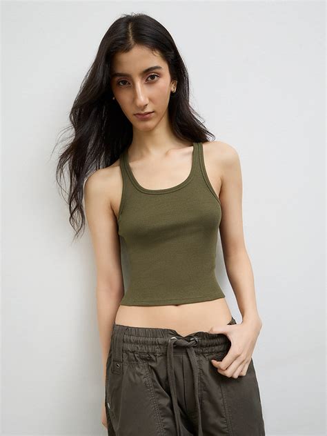 Buy Nuon Olive Ribbed Cotton-Blend Top from Westside – Westside Global