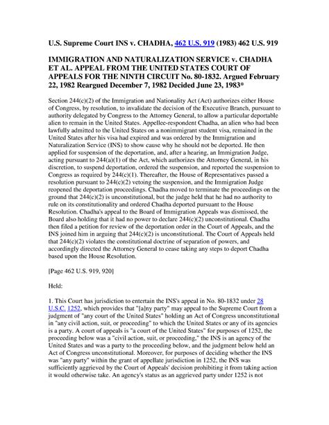 INS v. Chadha (1983) - Case Brief used for one of the lectures. - U ...