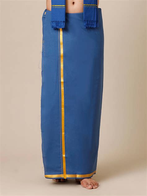 Men Cotton Blend Single Layer Blue Dhoti with Gold Jari Border Cosmic 13