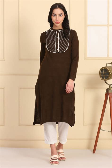 Buy Brown Solid Embroidered Yoke Straight Winter Kurta Online for Woman ...