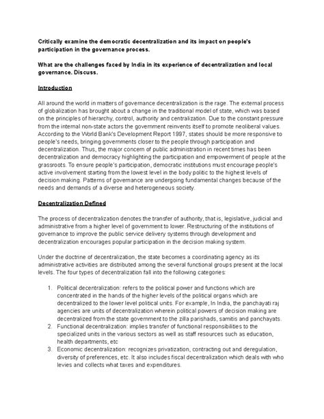 Unit 3 GE - Democratic Decentralization and Governance Challenges - Studocu