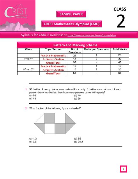 CMO Sample Paper for Class 2 Mathematics Olympiad - Studocu