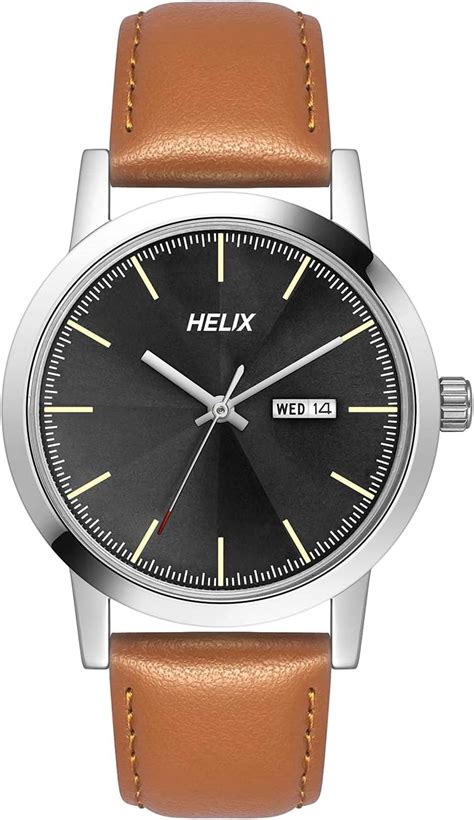 Helix by Timex Analog Watch for Man with Black Round Dial & Tan Leather ...
