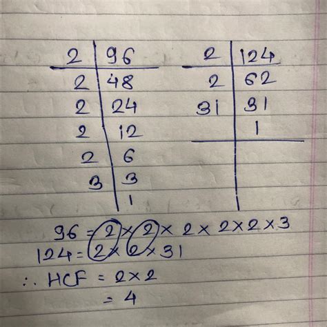 Find the HCF of 96 and 124 by Prime factorisation - Brainly.in