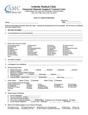 Fillable Online arthritismedicalclinic Health Questionnaire PDF ...
