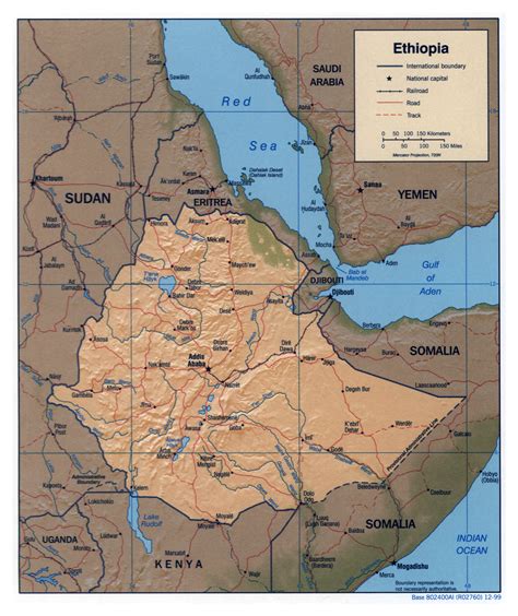 Large detailed political map of Ethiopia with relief, roads, railroads and major cities - 1999 ...