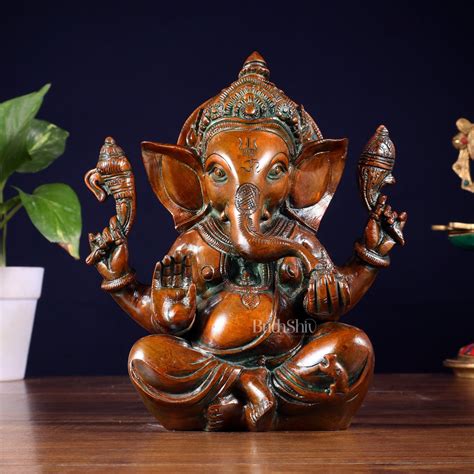 Brass Ganesha Idol with Sharp Features - 8 Inch Vintage brown ...