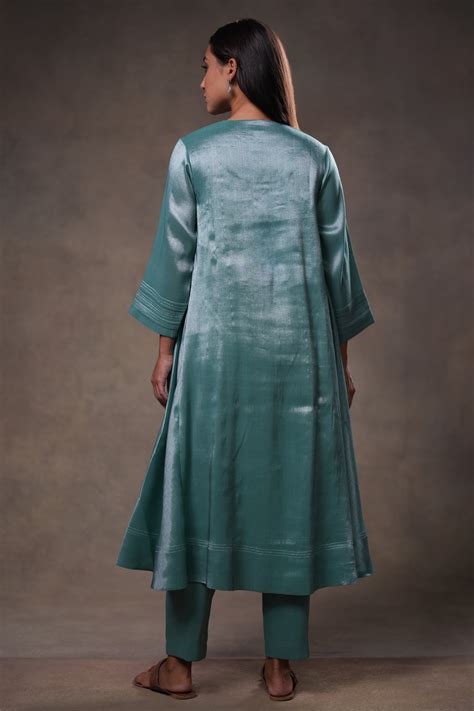 Teal Green Zari Embroidered Tissue Kurta with Pants and Dupatta – Tulsi ...