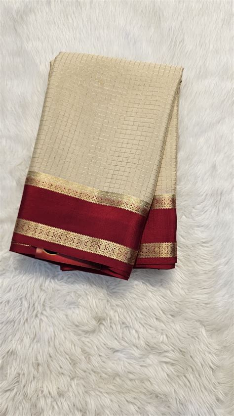 mysore crepe silk saree in KSIC Finish in cream with dark red in check ...