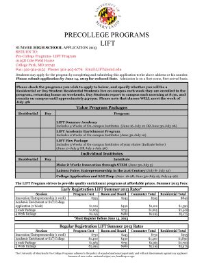 Fillable Online ugst umd UMMER HIGH SCHOOL APPLICATION 2013 LIFT - ugst ...