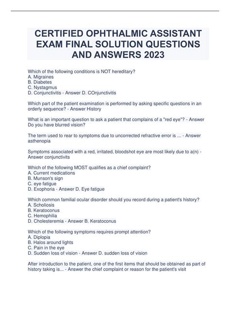 CERTIFIED OPHTHALMIC ASSISTANT EXAM FINAL SOLUTION QUESTIONS AND ...
