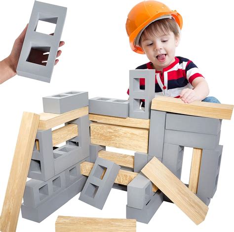 Deekin 25 Pcs Foam Brick Building Blocks and 12 Pcs Foam Wooden Beam ...