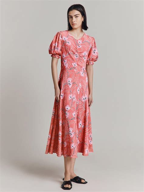 Ghost Lainey Floral Print Puff Sleeve Midi Dress, Pink/Multi