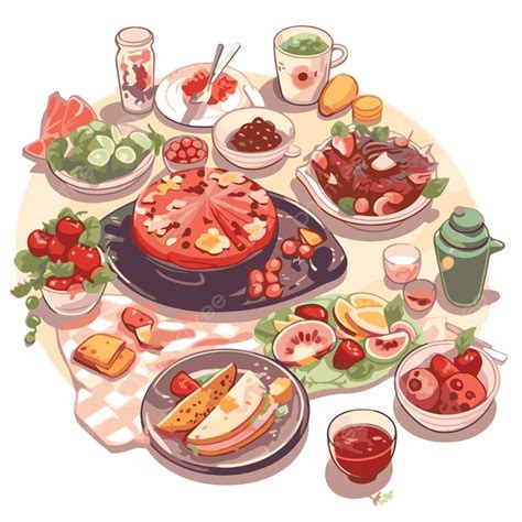 Summer Potluck Vector, Sticker Clipart Table Filled With Many Different ...