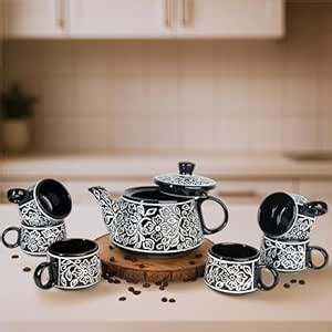 The Kumhar Kala Black Mughal Ceramic Tea Set with Kettle (1000ml) & 6 ...