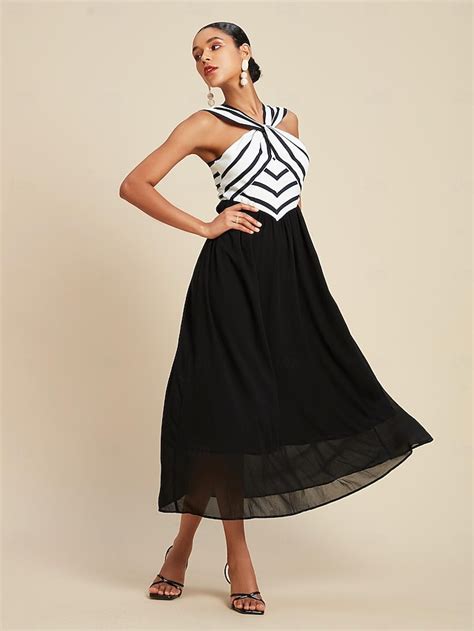 Black Chiffon&Satin Striped ElastiC Waist Tied Neck Sleeveless Party ...