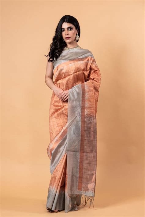 Orange and Gray Pure Silk Shibori Saree with Unstitched Blouse – Anvi ...