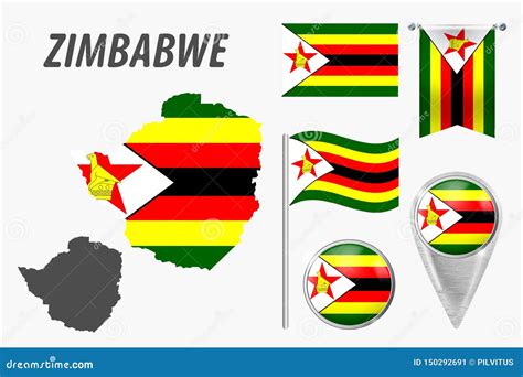 Zimbabwe. Collection of Symbols in Colors National Flag on Various Objects Isolated on White ...