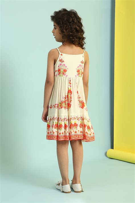 Cream-Colored Floral Gathered Flared Dress at Biba India