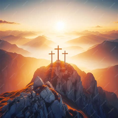 Premium Photo | Three crosses on the top of the tall mountain at ...