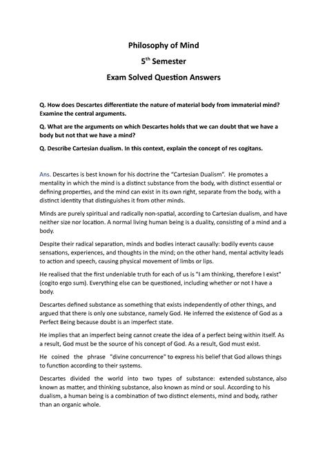 Philosophy of mind 5 Semester Solved Question Answers - Philosophy of ...