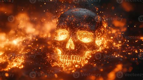 The molten lava surrounds a skull, creating an intense and fiery ...