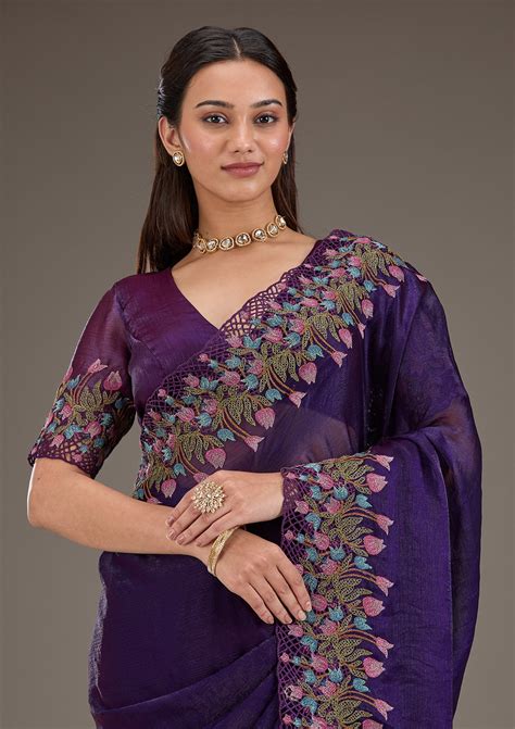 Buy Purple Threadwork Tissue Saree - Koskii
