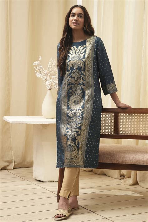 Buy Indigo Rayon A-Line Printed Kurta Online at Biba India