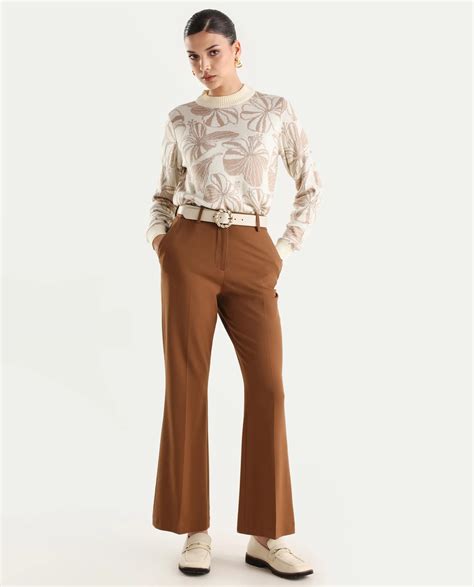 Rareism Women's Lakent Beige Acrylic Crew Neck Jacquard Regular Fit Sw