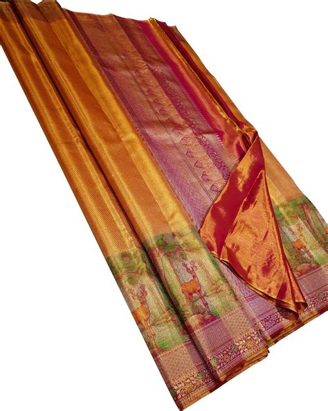 Orange Kanjeevaram Handloom Pure Silk Deer Design Saree – Luxurion ...