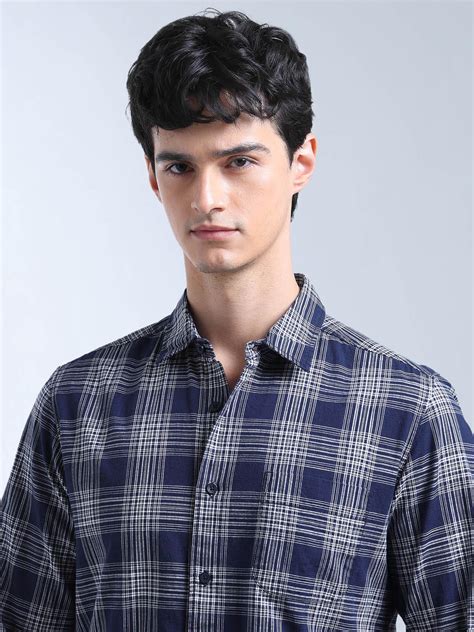 Buy Flying Machine Navy Blue Pure Cotton Plaid Checked Original Shirt ...