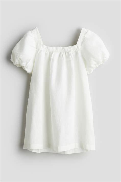 White Balloon-sleeved linen dress for kids | H&M IN