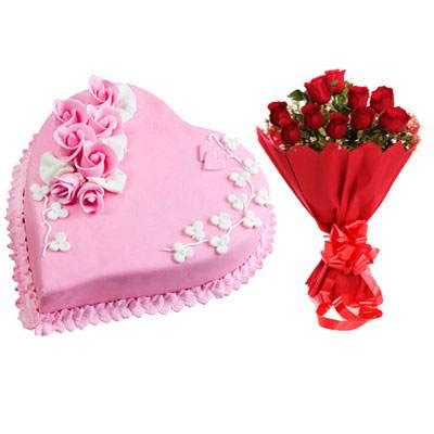 Send Eggless Heart Strawberry Cake & Red Roses Online in Kerala Same ...