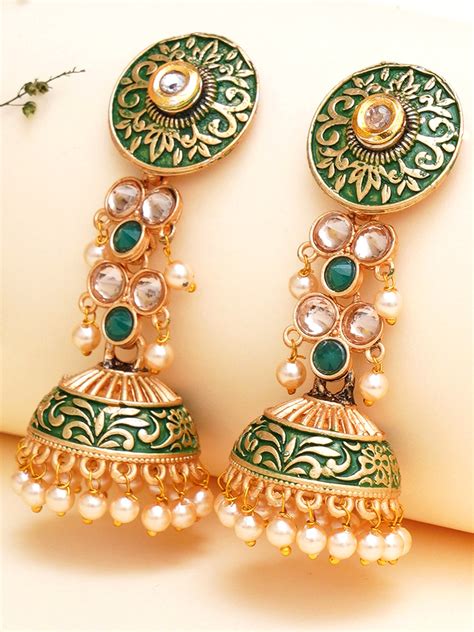 Karatcart Gold Plated Green Meena and Pearl Studded Jhumki Earrings for ...