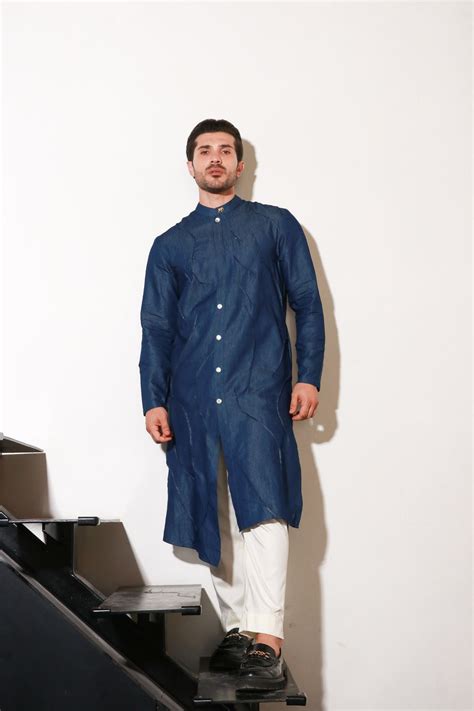 Denim long kurta with self pleating detailing paired with off white na ...