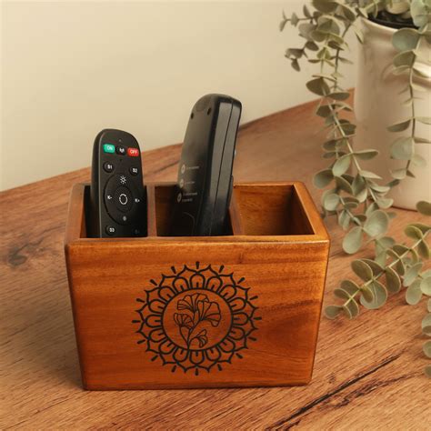 Multi Teak wood Remote Holder | Organizer with Embossed Mandala Design