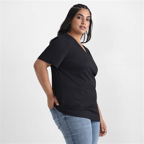 Plus Size Black V-Neck Ribbed Cotton T-shirt by CALAE | Sizes Available ...