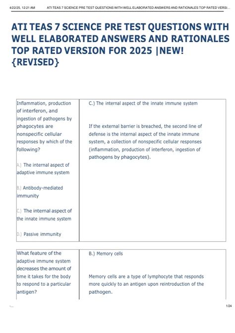 ATI TEAS 7 SCIENCE PRE TEST QUESTIONS WITH WELL ELABORATED ANSWERS AND ...