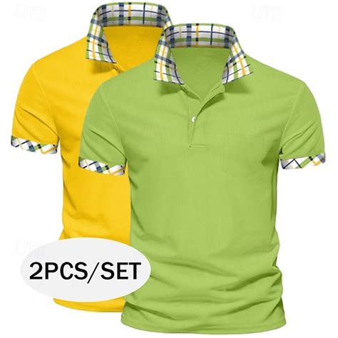 Men's Solid Color Plaid Color Block Polo Shirts Golf Shirt Short Sleeve ...
