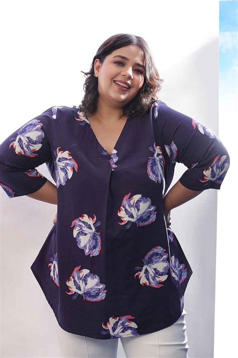 Plus Size Dark Blue Floral Print V Neck Top Online in India | Amydus