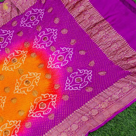 Orange & Purple Pure Georgette Handloom Bandhani Banarasi Dupatta ...