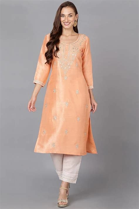 Buy Peach Silk Blend Straight Kurtas | Vaamsi