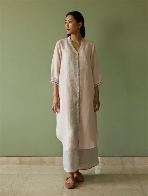 Mori Border Linen Shirt Kurta - Blush – Manan